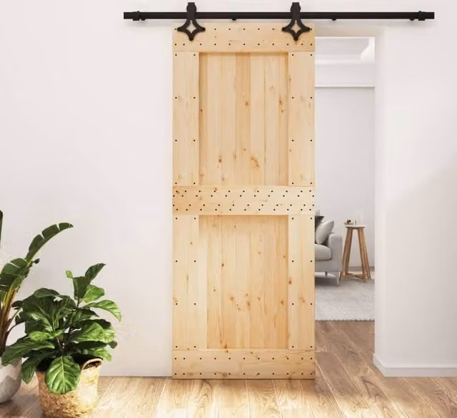 Berkfield Home Rustic Solid Wood Pine Sliding Door with Hardware Set, Natural, W: 85 cm, H: 210 cm – 1