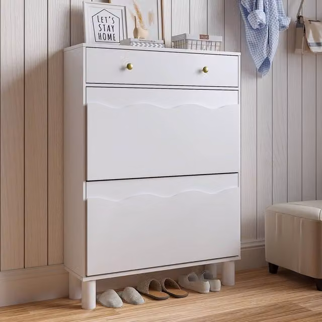 KEEPREAPER Modern White Shoe Cabinet with 2 Tilting Compartments and 1 Pull-Out Drawer – 1