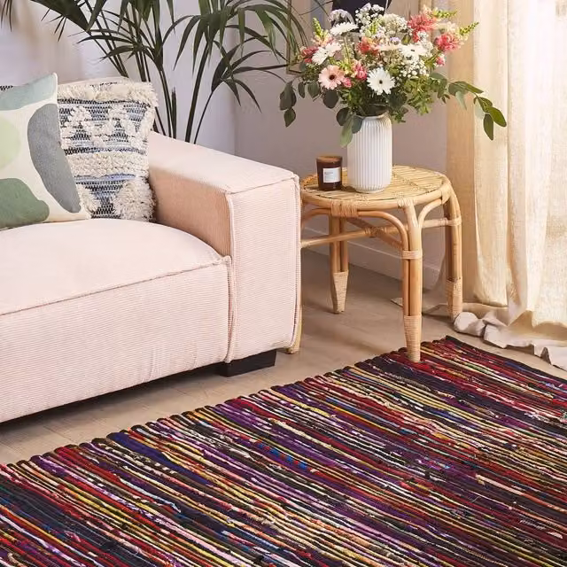 Wyld and Coco Handwoven Boho Striped Rectangular Rug in Multicolour Cotton and Polyester, W: 140 cm, L: 200 cm – 1