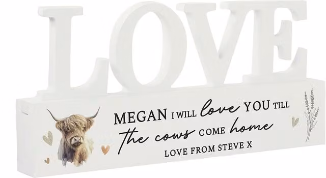 Personalised Memento Company Personalised Highland Cow LOVE Wooden Tabletop Ornament in White