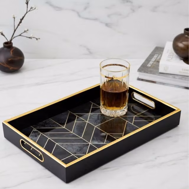 Maison Des Cadeaux Modern Geometric Rectangular Tabletop Tray with Handles in Black and Gold
