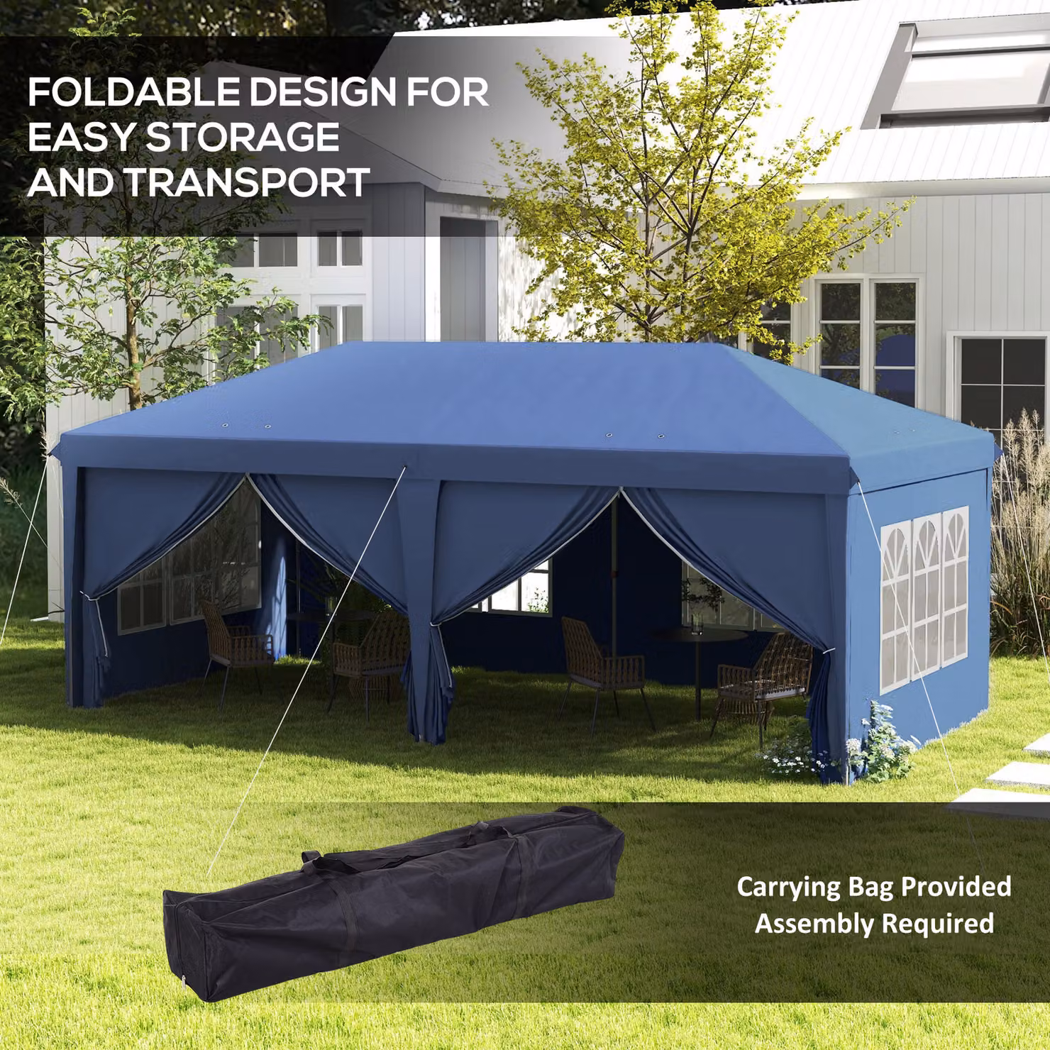 Outsunny Blue Pop-Up Gazebo with Curtain Walls, Windows and Steel Frame, W: 600 cm, D: 300 cm, H: 270 cm – 5