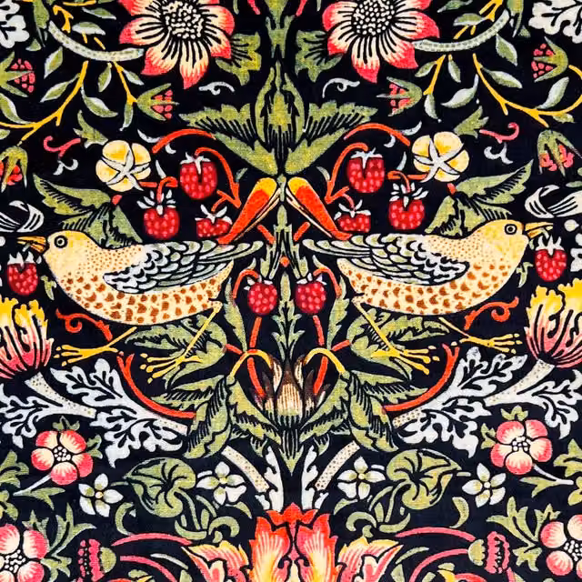 William Morris Strawberry Thief Velvet Fabric in Ebony and Multicolour