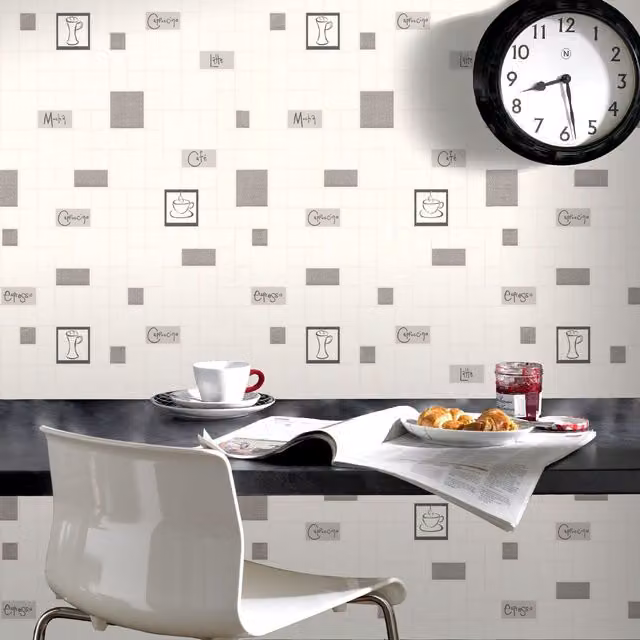 Contour Cafe Culture White Geometric Tiled Washable Kitchen Wallpaper