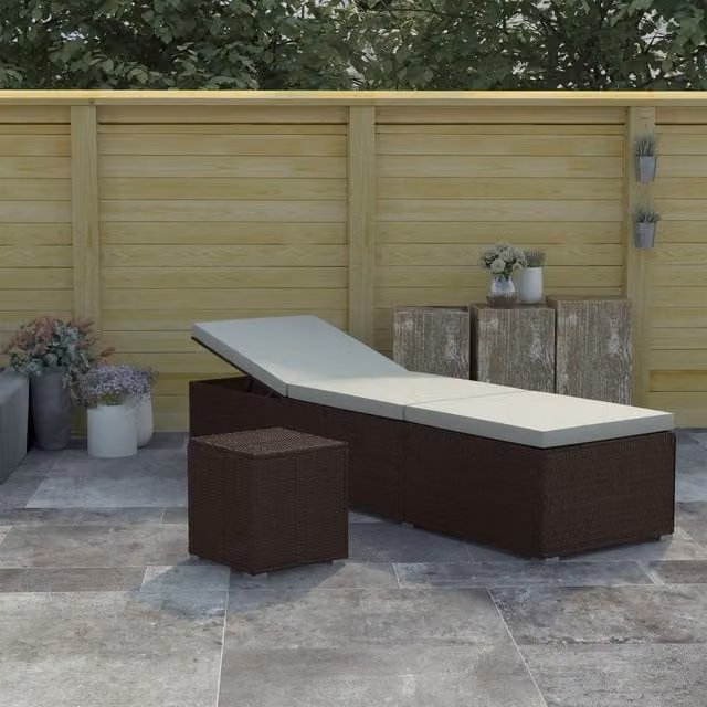 Berkfield Home Brown Poly Rattan Sun Lounger with Cushion and Tea Table