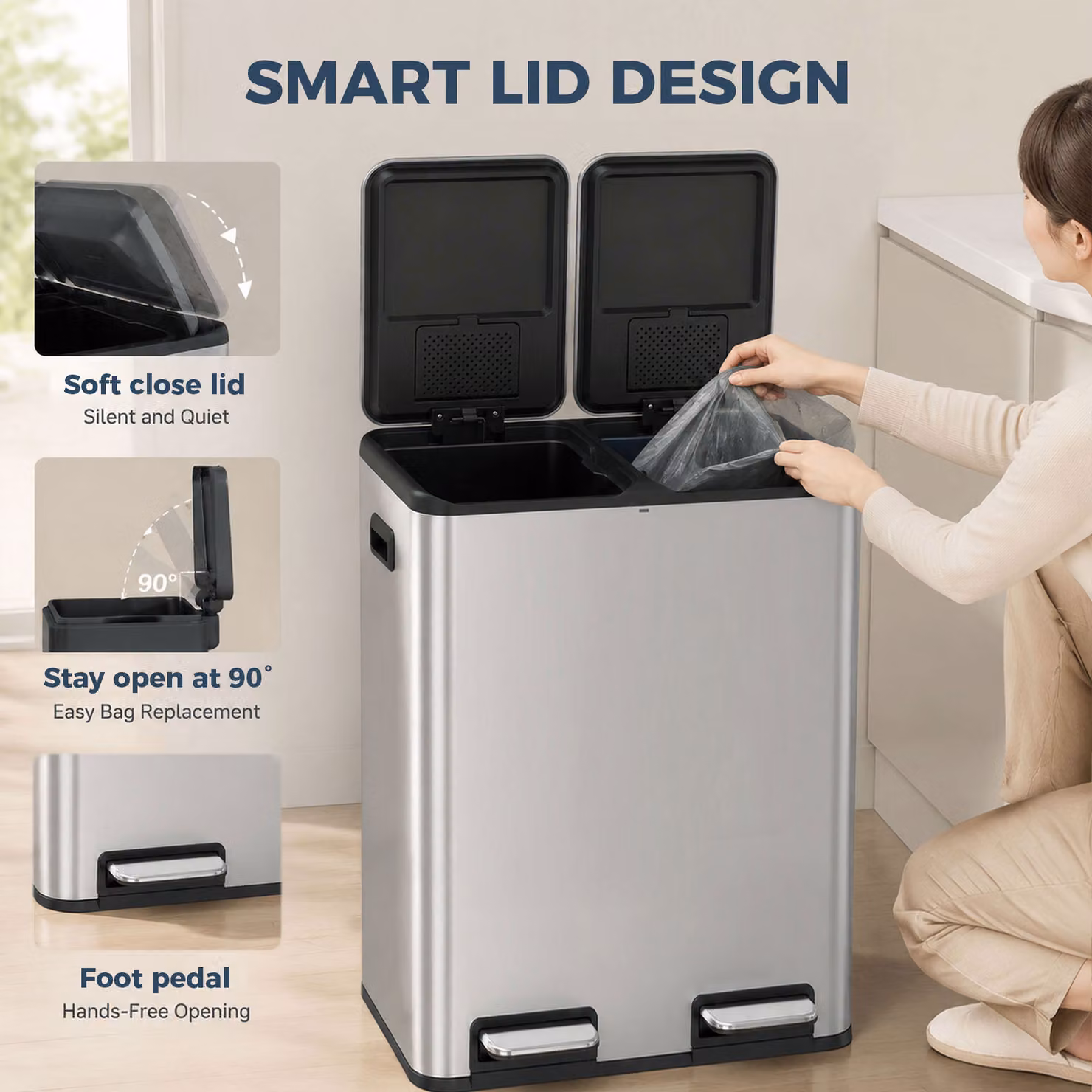 HOMCOM Double Kitchen Bin, 2 x 30L Stainless Steel Pedal Rubbish Bin with Dual Compartments, Soft Close Lids and Odour Filter, Silver Tone – 5