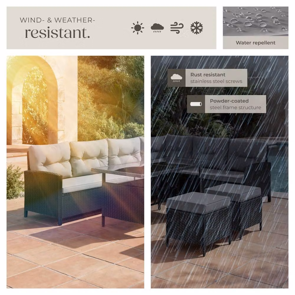 tectake 8 Seater Modern Garden Furniture Set in Light Grey with Cushions, Footstools and Glass Table – 7