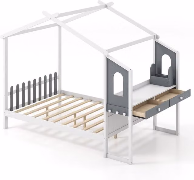 Gymax Double House Bed Frame with Canopy and 2 Drawers in White, 140 x 200 cm