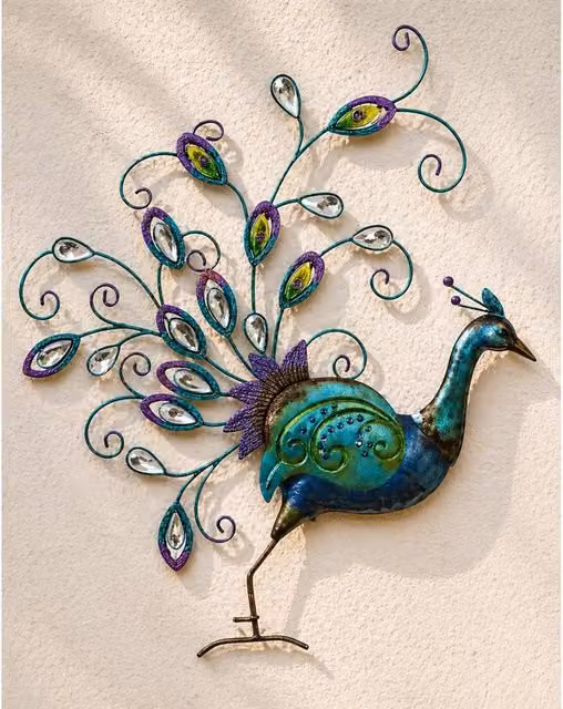 SPOT ON DEALZ Hand Finished Multicolour Diamante Peacock Metal Wall Art with Jewel Details – 1