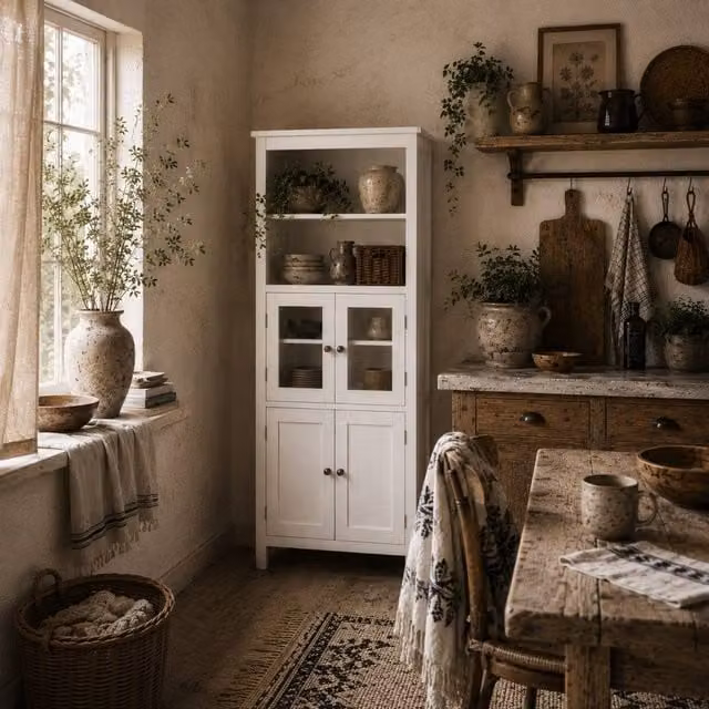 Wyld Haus Doke White Tall Kitchen Cupboard with Glass Doors and Internal Shelves