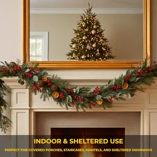 Shatchi 1.8m Rustic Christmas Garland with Eucalyptus Foliage, Orange and Berry Decorations in Red, Orange and Green – 5