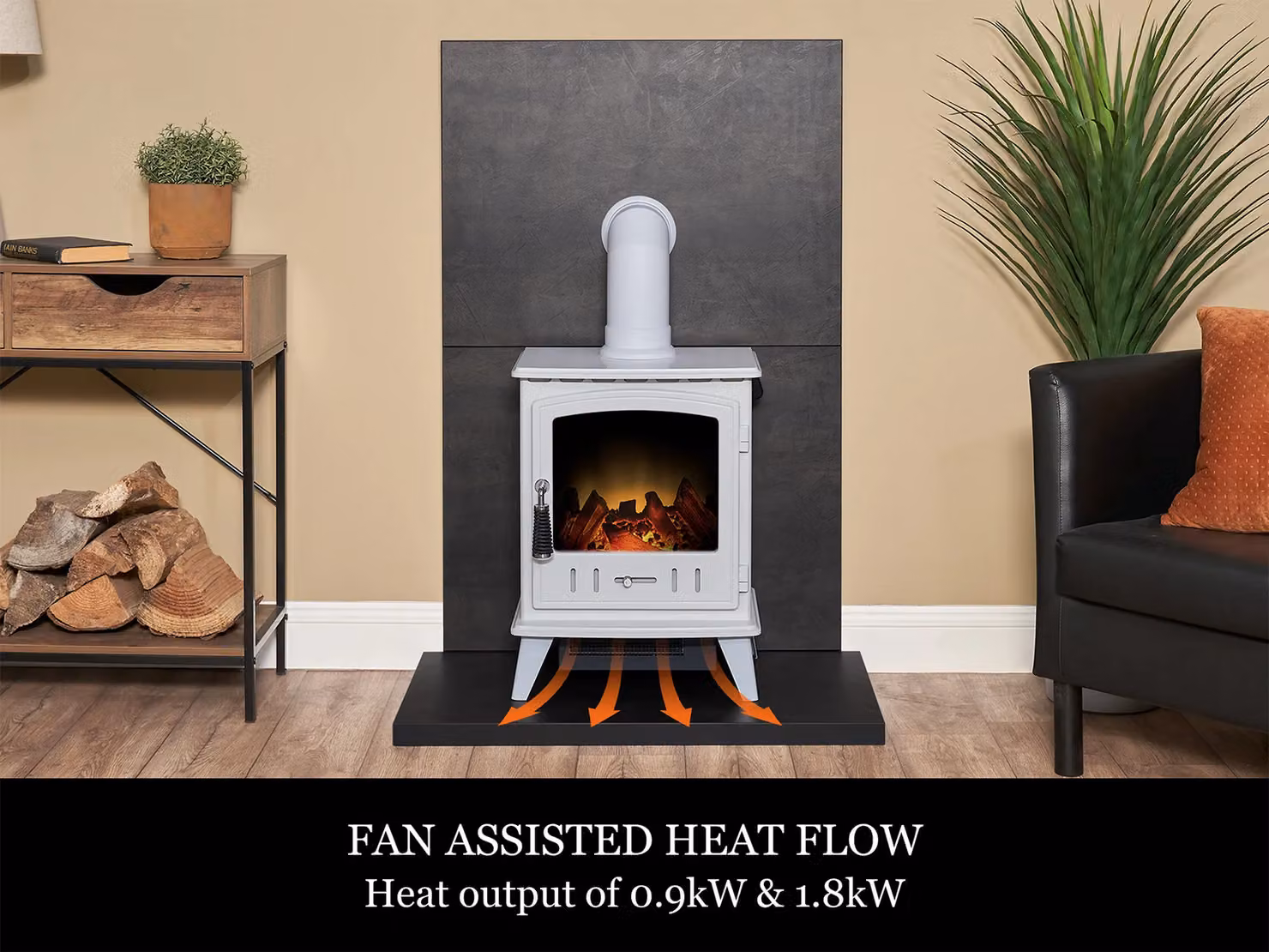 Acantha Tile and Hearth Set in Bronze Venetian Plaster Effect with Aviemore Electric Stove and White Angled Pipe – 5