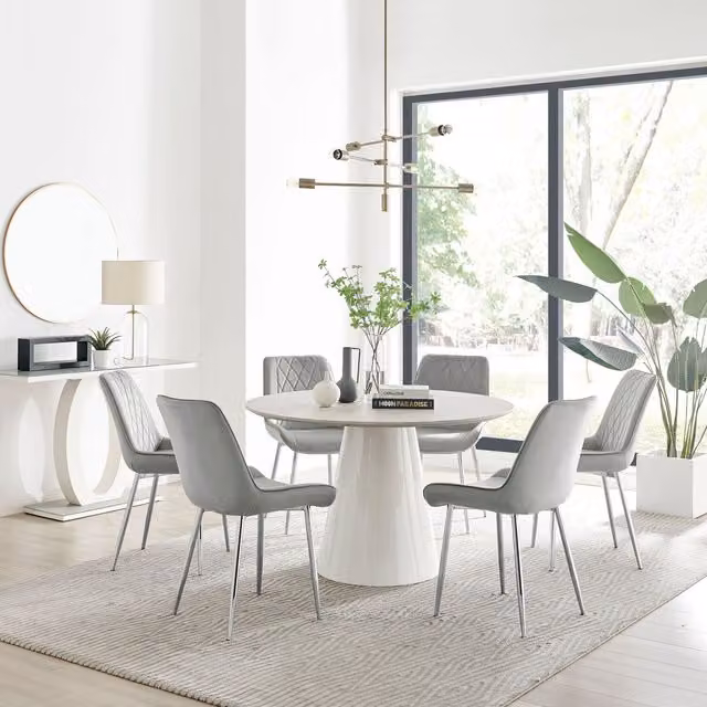 Furniturebox Palma Beige Stone Effect Round Dining Table and 6 Pesaro Silver Chairs in Grey