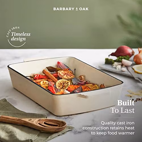 Barbary & Oak BO800258CRM Rectangular Cast Iron Roaster with Enamel Interior, Beige – 2