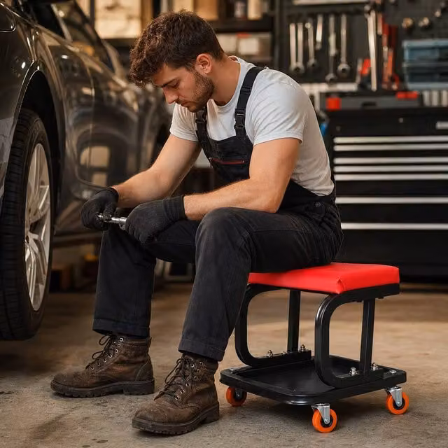 STILVORA Workshop Stool with Castors and Synthetic Leather Seat in Red – 1