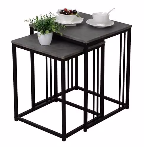 SPOT ON DEALZ Set of 2 Square Nesting Tables with Black Metal Frame and Grey Stone Effect MDF Tops