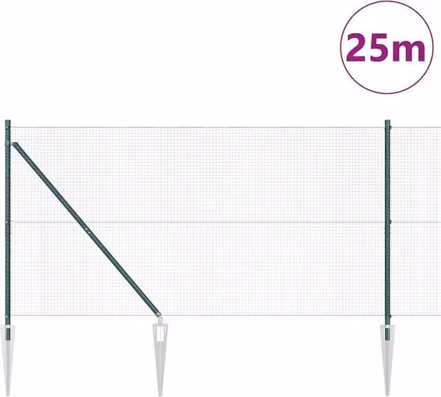 Berkfield Home Green Powder-Coated Steel Welded Wire Fence with 13 In-Ground Spike Posts, W: 25 m, H: 1.2 m