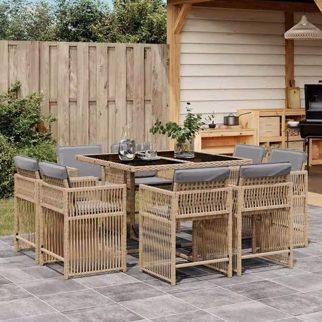 Berkfield Home 9 Piece Modern Poly Rattan Garden Dining Set with Cushions in Beige – 1