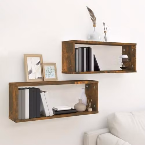 vidaXL Set of 2 Wall Mounted Cube Shelves in Smoked Oak Brown, W/D/H: 60 x 15 x 23 cm – 2