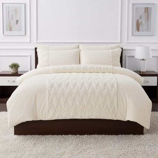 Snug City Zig Zag 3D Teddy Fleece Duvet Cover Set with Pillowcases, Beige, W: 200 cm x H: 200 cm – 1