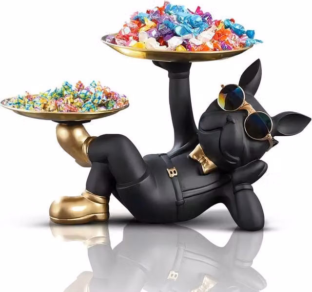 Huhote Black Resin French Bulldog Statue with Tray Lying Sculpture Decor – 1