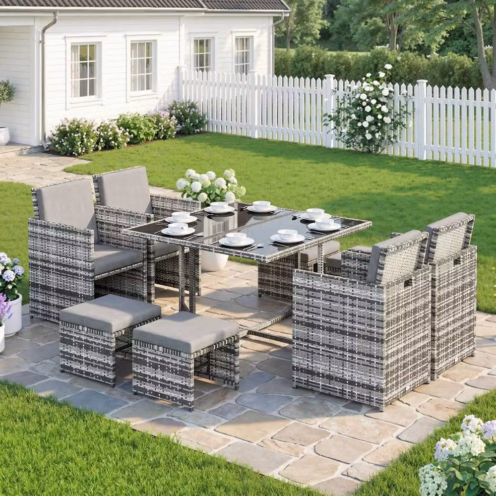 ERGOVEXA 9 Piece Grey Rattan Cube Garden Furniture Dining Set with Armchairs and Glass Top Table – 3