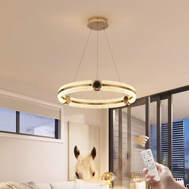NIVOR Modern 1-Ring Circular LED Chandelier in Gold with Crystal Accents, Dimmable with Remote Control, 48W – 1