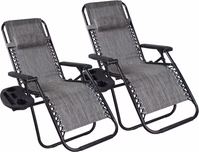BIRCHTREE Set of 2 Grey Folding Patio Sun Lounger Recliners with Textilene Fabric and Adjustable Headrest