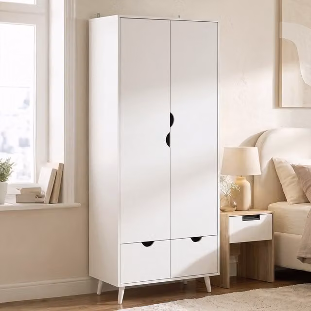 HOMCOM Modern 2 Door White Clothes Wardrobe with Integrated Drawers and Hanging Rod
