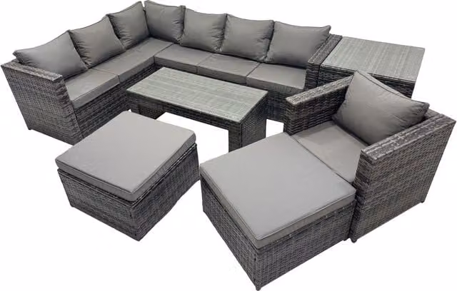 Fimous 7-Piece PE Rattan Outdoor Garden Furniture Set with Cushions and Tempered Glass Table in Dark Grey Mixed