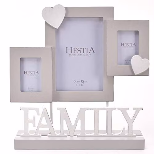 Widdop and Co Hestia 3 Aperture Family Heart Photo Frame in White and Grey Shabby Chic Style
