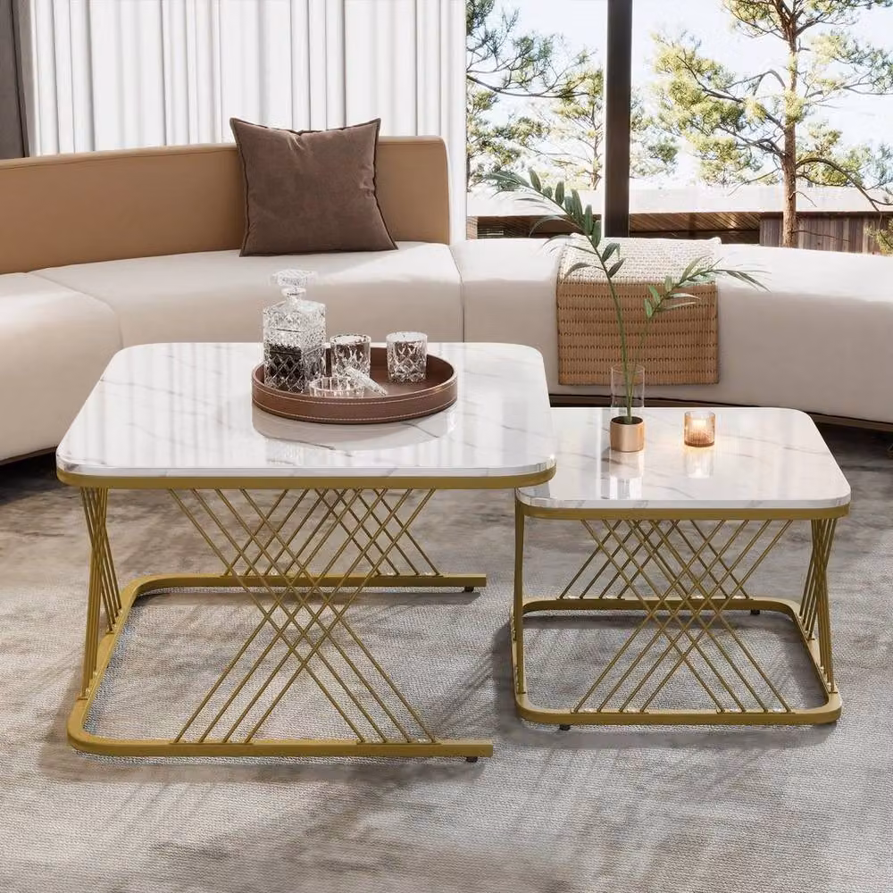 PAWNORA Square Nesting Coffee Table Set of 2 in White with Marble Tops and Metal Sled Base – 4