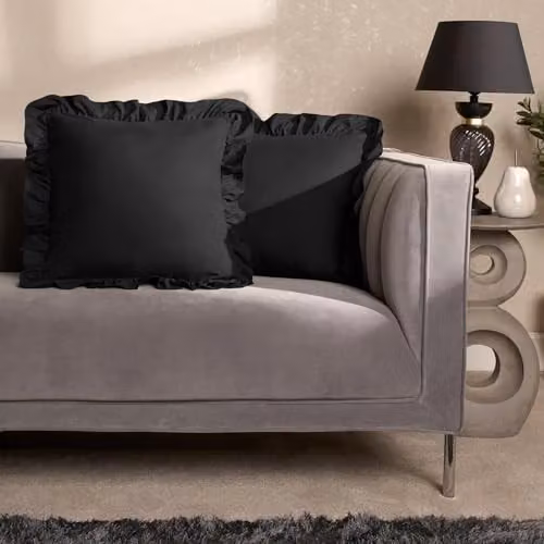 OHS Set of 2 Plain Faux Linen Frill Cushion Covers, Black, W/D/H: 45 x 45 x 45 cm – 1