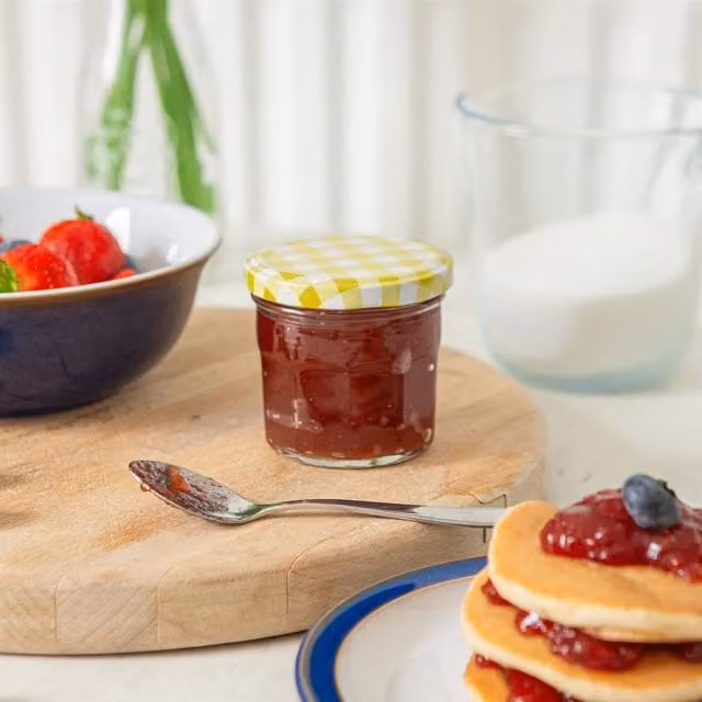 Argon Tableware Glass Jam Jars with Yellow Gingham Checked Lids, 24 Pack, 130ml