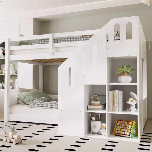 BTM White Kids Bunk Bed with Stairs and Side Storage Compartments, 2 Single Beds