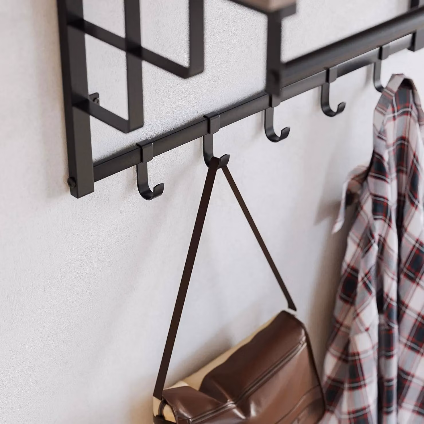 VASAGLE Wall Mounted Coat Rail with Floating Shelf and 5 Removable Hooks in Fawn Brown and Beige – 3