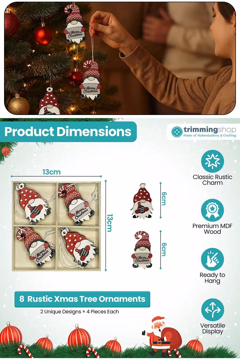 Neel Blue Rustic Wooden Christmas Tree Hanging Decorations with Red and White Gnome Ornaments and Merry Christmas Sign – 2