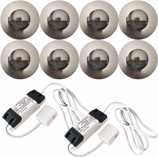 Loops Eyelid LED Plinth Light Kit with 8 Round Stainless Steel Spotlights in Silver for Kitchen and Bathroom