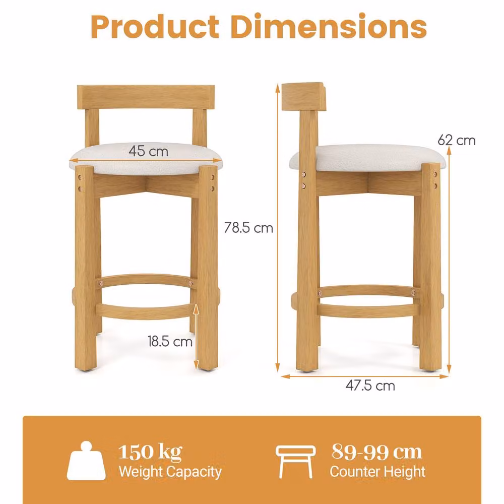 Costway Set of 2 Mid-Century Wooden Counter Height Bar Stools with Padded Fabric Seats and Backrests in Sand Brown – 2