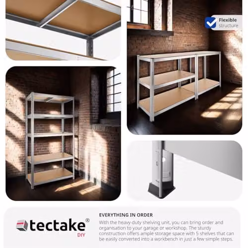 tectake 5-Tier Heavy-Duty Shelving Unit with Galvanised Steel Frame and Adjustable MDF Shelves, Silver, W: 90 cm, D: 40 cm, H: 180 cm – 3