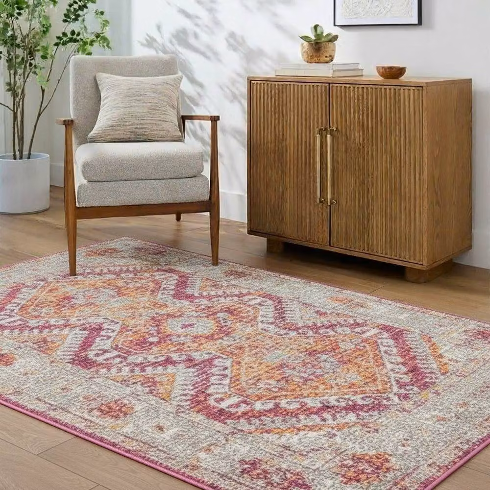 Loomed Pink Aztec Pattern Distressed Soft Area Rug Runner in Fuchsia, W/D/H: 60 x 240 cm – 2