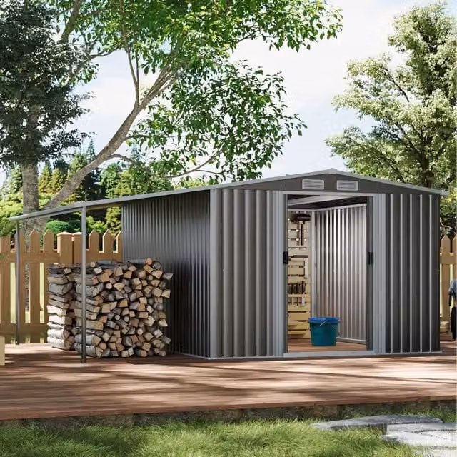 Livingandhome Open Gable Roof Steel Tool Shed with Log Storage in Grey