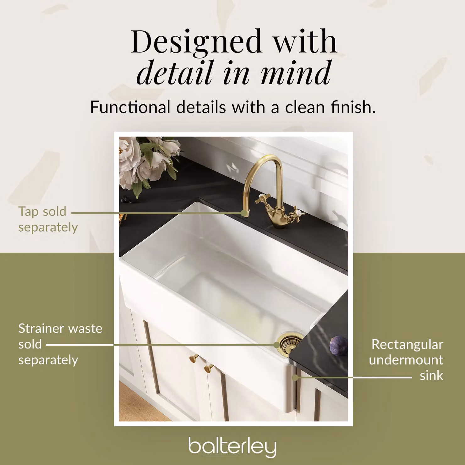 Balterley White Ceramic Single Bowl Belfast Kitchen Sink with Overflow W: 79.5 cm, D: 46.0 cm, H: 24.5 cm – 4