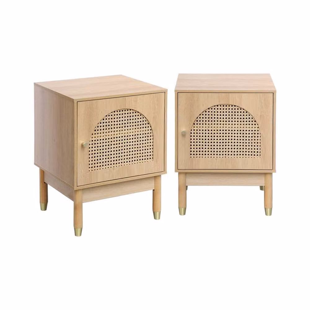 Sweek Set of 2 Wood and Cane Bedside Tables with 1 Door in Brown and Gold – 2