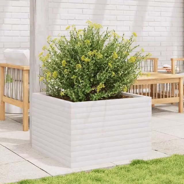 Berkfield Home White Ornamental Garden Planter Tub, Solid Wood, W: 70 cm, D: 70 cm, H: 45.5 cm – 1