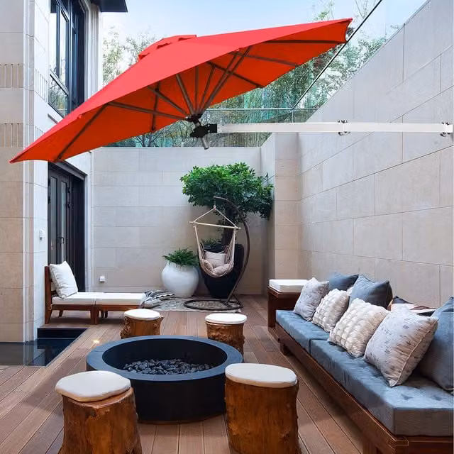 COSTWAY Red Wall-Mounted Patio Umbrella with Adjustable Aluminium Pole and Polyester Canopy