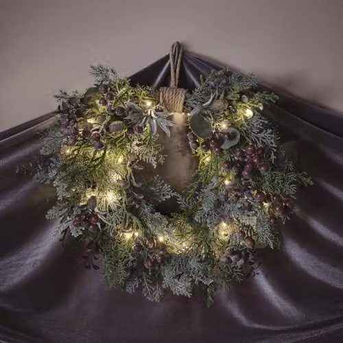 Lights4fun Purple Berry Pre-Lit Heart Wreath with 40 Warm White Micro LEDs – 3