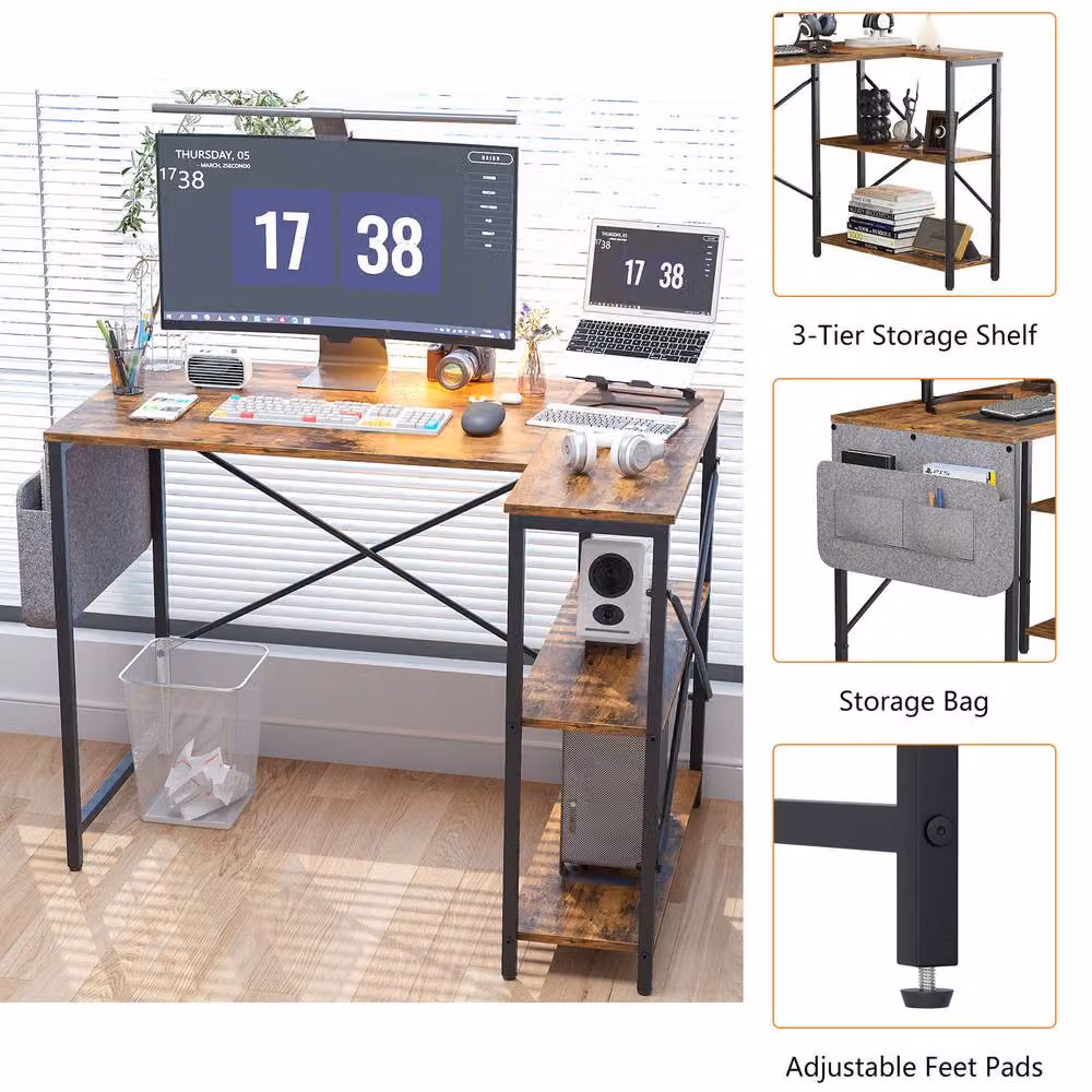 Huhote Modern L Shaped Corner Desk in Brown with Storage Bag and 2 Shelves – 2