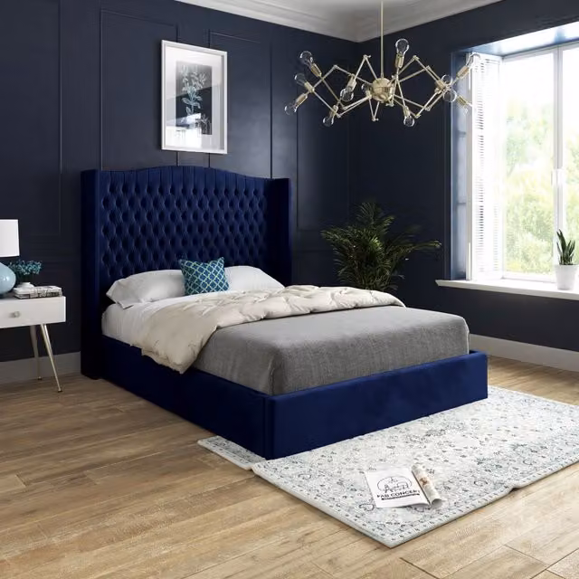 KDMD Rana Curved Top Winged Upholstered Soft Velvet Blue Bed Frame, W/D/H: 180 x 200 x 159 cm