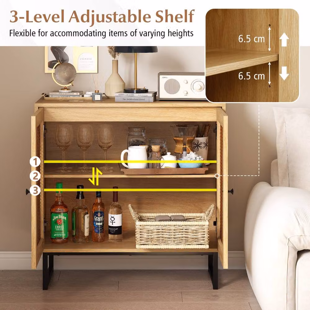 Gymax Boho Rattan Sideboard and Buffet Cabinet with Adjustable Shelf in Natural Beige and Brown – 2